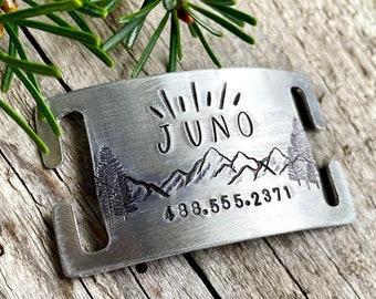 Custom Slide On Dog Tag - Personalized Quiet ID Tag with Mountains - Silent Dog Tag for 1" Biothane, Nylon or Leather Collars, Hand Stamped