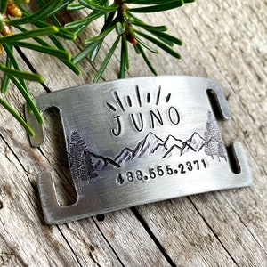 Custom Slide On Dog Tag - Personalized Quiet ID Tag with Mountains - Silent Dog Tag for 1&quot; Biothane, Nylon or Leather Collars, Hand Stamped