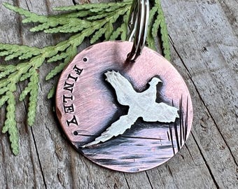 Koperen fazant jachthond tag, handgemaakte ambachtelijke vogel hond ID, met de hand gestempeld sportieve hondenhalsband naamplaatje, metalen hoogland gevogelte jager cadeau