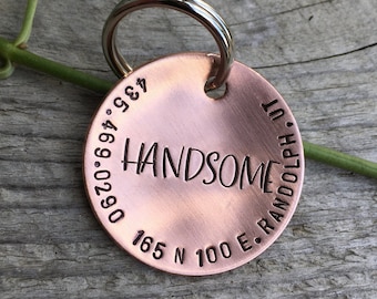 Custom Hand Stamped Dog Tag in Copper with Phone and Address / Personalized Pet ID Name Tag - in 1.25'' Bronze, Aluminum, Copper or Brass