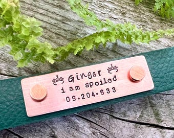 Rivet On Dog Collar Tag, Personalized Pet ID Nameplate. Custom Copper, Rose No Dangle Silent Tag, Quiet No Jingle ID plate for 3/4" Collar