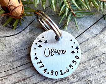 Hand Stamped Dog Tag  - Star Pet ID Tag - Personalized Dog Tag for Dogs - Metal Dog ID Tag - Starry Sky Olive