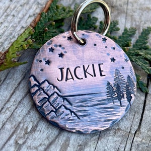 Personalized Metal Dog ID Name Tag - Starry Fjord Collar Pet ID - Custom Stamped Copper Tag with Mountains & Forest, Gift for Pet Parents