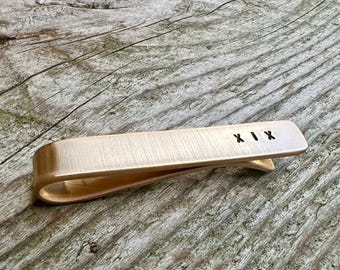 Custom Roman Numerals Tie Bar Gift - Engraved Bronze Anniversary Tie Clip for 19th / 8th - Personalized Metal Tie Clip Gift for Husband