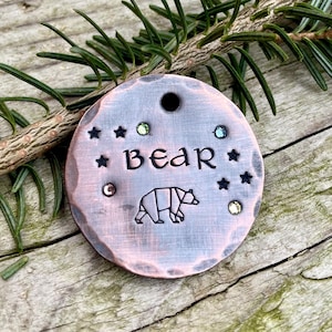 Custom Copper Bear Dog Tag with Crystals / Personalized Hammered Large Pet ID Tag - Hand Stamped Name Tag in Aluminum, Copper or Brass