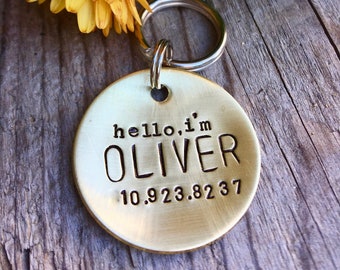 Custom Dog Tag / Hello I'm Pet ID Tag - in 1.25'' Domed Bronze, Aluminum, Copper or Brass