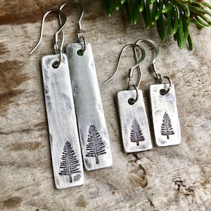 Simple Pine Tree Earrings in Pewter - Hand stamped with a pine tree in either 1.5" or 3/4" length.