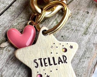 Gepersonaliseerde dikke messing ster huisdier-ID-tags voor honden en katten met telefoon - aangepaste schattige luxe gouden hemelse kraaglabel voor kleine, middelgrote huisdieren