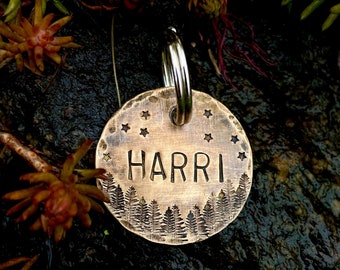 Custom Metal Dog Tag - Dog Tag Personalized  - Bronze Dog Tag - Mountain Forest Pet Tag - Star Dog Tag