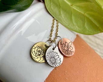 Dainty Birth Flower Necklace, Mother's Day Gift for Mom, Grandma. Minimalist Necklace Stamped with Birth Month Flower, Gardener Gift