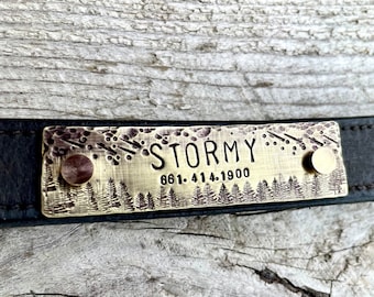 Rivet On Dog Tag - Dog Collar Nameplate - Dog Tag - Personalized Pet ID Tag - Dog Collar Quiet Tag - Screw On Brass Stormy Pet ID Tag