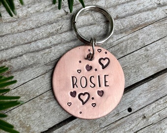 Custom Dog Tag in Copper, Personalized Pet ID with Hearts, Heart Pet Name Charm, Gift for Pet Parents / Hand Stamped Puppy Collar Tag