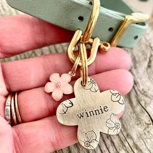 Personalized Thick Brass Flower Pet ID Tags for Dogs & Cats, with Phone Number - Custom Luxury Gold Collar Tag for Small, Medium Pets