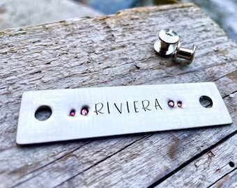 Placa de cabestro personalizada con cristales - Etiqueta de aparejo con brillo - Regalo de doma ecuestre - Silla de montar de latón, placa de brida