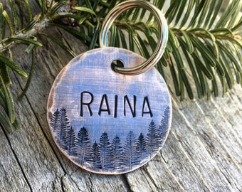 Custom Dog ID Tag in Bronze with Forest Design, Hand stamped Metal Dog Tag for Dogs - in 1.25" Distressed Bronze