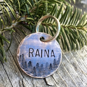 Custom Metal Dog ID Tag with Forest Design, Personalized Hand Stamped Copper, Bronze Dog Name Tag for Dogs, Add Phone and Address on Back