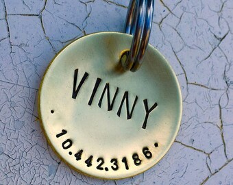 Custom Brass Dog Collar Tag / Personalized Dog ID Tag, Hand Stamped Gift for Pet Parents,  Lucy in 1.25'' Bronze, Aluminum, Copper, Brass