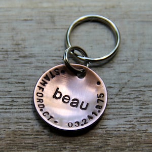 Custom Pet ID Tag, Hand stamped Copper Dog Tag, Dog Name ID Tag with phone - Beau, in 1'' Brushed Copper