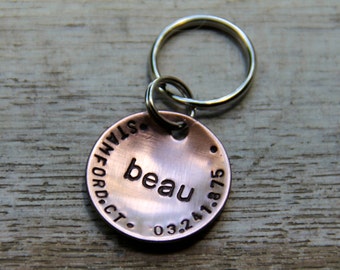 Custom Pet ID Tag, Hand stamped Copper Dog Tag, Dog Name ID Tag with phone - Beau, in 1'' Brushed Copper