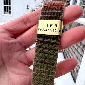 May include: A woven dog collar with a brass nameplate. The collar is mainly olive green with brown and orange stripes. The nameplate reads "FINN" and a phone number.