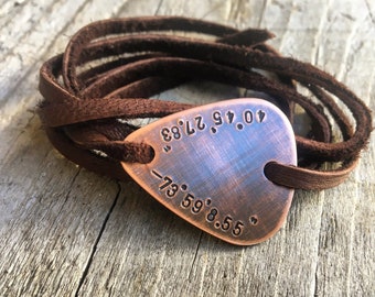 Custom Guitar Pick Wrap Bracelet in Copper and Leather - Personalize for Dad, Husband, or Boyfriend