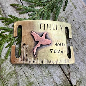 May include: A brass pet tag with the name "FINLEY" engraved. A copper bird silhouette is in the center, with the numbers "491" and "7624" below. The tag has a rustic appearance. The tag is displayed on a wooden surface with foliage.