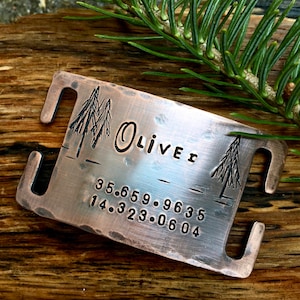 May include: A copper-colored metal dog tag with a personalized inscription. The tag features two stylized pine trees and the name "Olive" engraved on the front. The back of the tag includes the coordinates "35.6659.9635 14.323.0604".