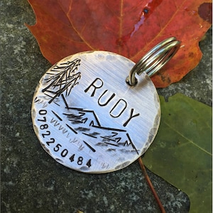 Custom Artisan Bronze Dog Tag - Personalized Metal Pet ID Collar Nametag - Hammered Rustic Metal Name Tag with Mountain Design, Phone Number