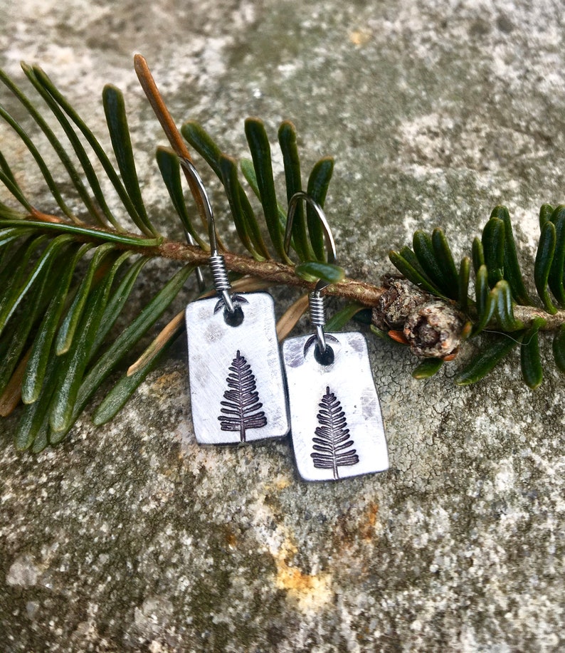 Simple Pine Tree Earrings in Pewter - Hand stamped with a pine tree in either 1.5" or 3/4" length.