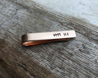 Custom Eighth Anniversary Tie Bar in Bronze, Personalized 8th Tie Tack Gift for Husband, Him, Engraved Hand Stamped Metal Tie Clip w Tally