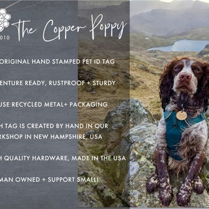 May include: A dog with brown and white fur wearing a teal harness and a pet ID tag. The tag is round and has the words "The Copper Poppy" and "EST. 2010" on it. The text on the left side of the image reads: "THE ORIGINAL HAND STAMPED PET ID TAG" and "ADVENTURE READY, RUSTPROOF + STURDY."