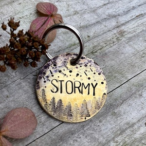 Custom Stormy Dog Tag in Copper, Brass, 1.25&quot; Hand stamped Pet ID Metal Dog Tag, Nature Design with Phone on Back, Microchipped Harness Tag