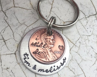 Copper Anniversary Gift, Lucky Penny Keychain, Personalized 7th Anniversary Keychain, 7 Years and Counting, II Still Do -  Custom Lucky Gift