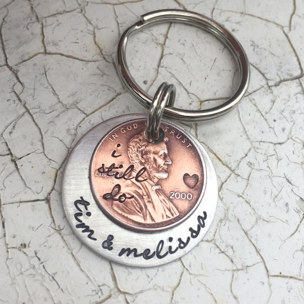 Personalized Copper Penny Keychain, 7th, 22nd Anniversary Gift for Wife or Husband, Custom Lucky Penny Gift with Year and Names