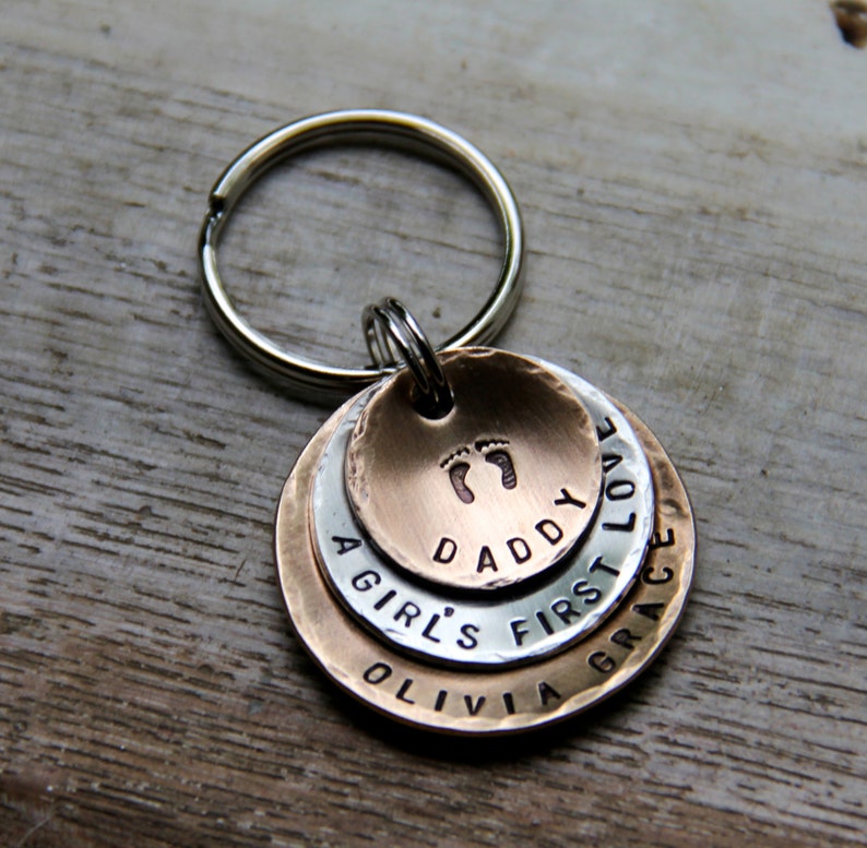 A Girl/'s First Love Keychain in Layered Bronze /& Nickel New Dad Gift Father/'s Day Gift Custom Keychain for Daddy