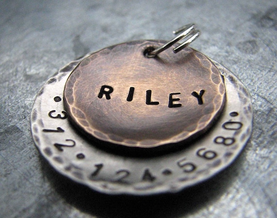 Custom Pet Tag / Personalized Pet Tag - Metal Dog Tag  Riley, in Mixed Metal with phone on the back in Bronze and Aluminum