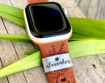 Personalized Watch Band Charm, Name Tag for iWatch - Custom Apple Watch Cuff, Birth stone Gift for Grandma or Mom, Watch band Charm Tag