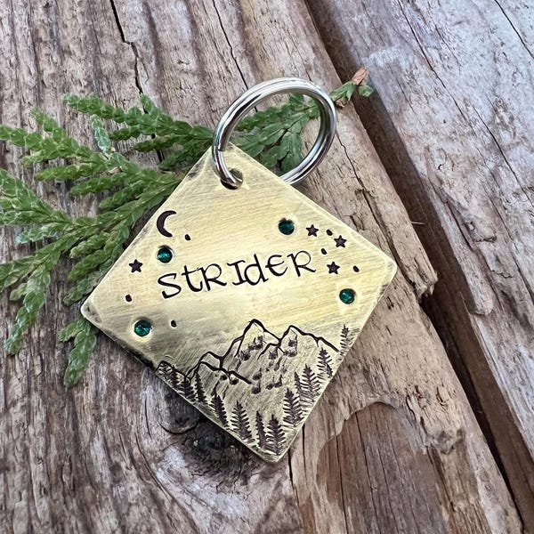 Personalized Brass Pet ID Tag for Dogs - Custom Mountain LOTR Name ID - Strider, Gift for Pet Parents, Moon Stars Pet Collar Tag for Dogs