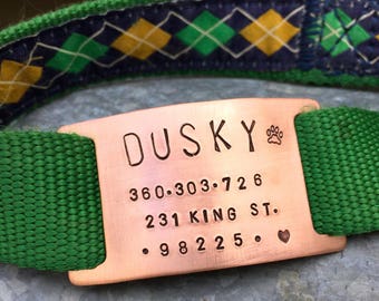 Custom Collar Quiet ID Slide Pet Tag- Silent Dog Tag for Biothane, Nylon or Leather Collars- Quiet Metal Tag in Brass, Aluminum or Copper