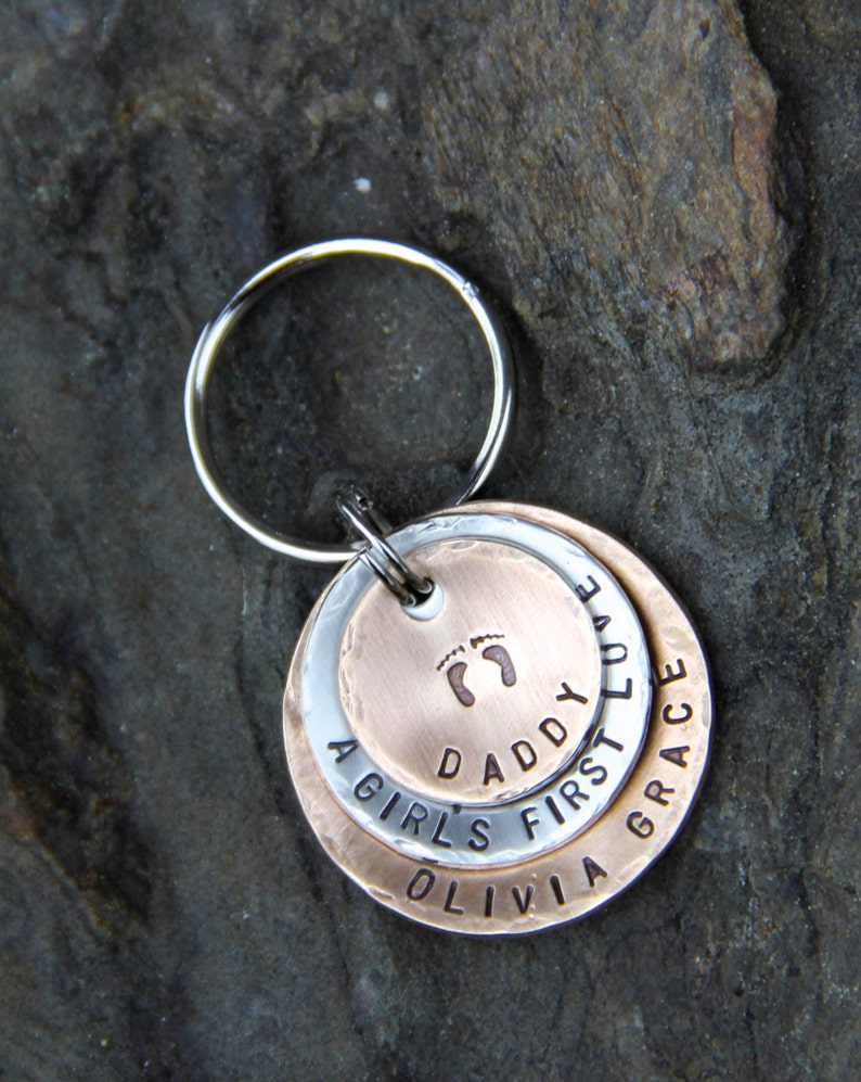 A Girl/'s First Love Keychain in Layered Bronze /& Nickel New Dad Gift Father/'s Day Gift Custom Keychain for Daddy