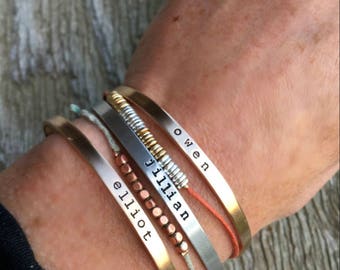 Custom Skinny Cuff Bracelet with Kid's Name, Personalized Stacking Mantra Jewelry, Mother's Day, New Mom Gift in Rose Gold or Silver
