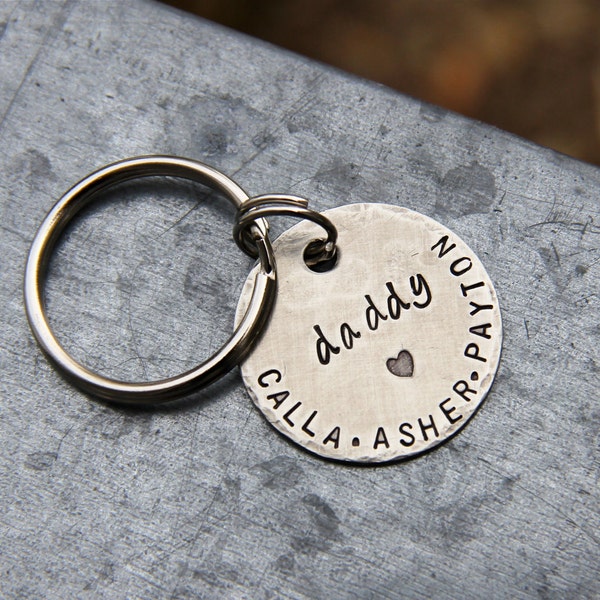 1.25'' Custom Hand Stamped Keychain for Mom or Dad, in Nickel Silver - Great for New Parents, Fathers / Mothers Day