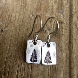 Simple Pine Tree Earrings in Pewter - Hand stamped with a pine tree in either 1.5" or 3/4" length.