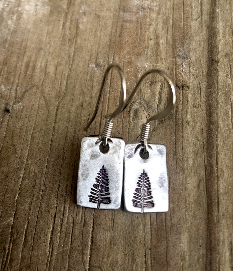 Simple Pine Tree Earrings in Pewter - Hand stamped with a pine tree in either 1.5" or 3/4" length.