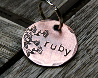 Pet ID Tag - Floral Dog Tag - Copper Pet ID Tag - Custom Hand Stamped Puppy Tag / Cat Tag -  Ruby in 1'' Hand Stamped Copper