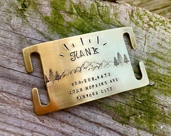 Targhetta personalizzata da 1,5" per collare Martingale - Targhetta identificativa personalizzata Mountain Brass Quiet ID - Targhetta per pettorina per cani con timbro a mano, collare per levriero