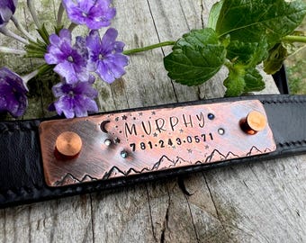 Custom Rivet On Dog Tag - Collar Nameplate with Crystals- Personalized Pet ID Tag in Copper - Quiet Silent Tag - Screw On Pet Name ID Tag