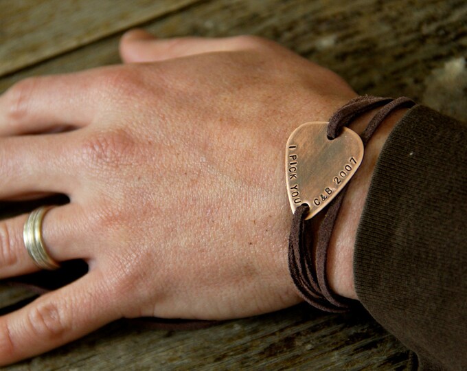 Custom Guitar Pick Wrap Bracelet in Copper and Leather Etsy
