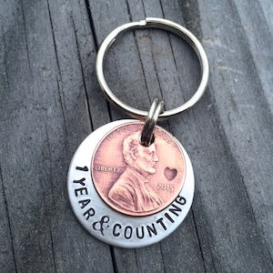 Lucky Penny Keychain / Personalized Penny Gift  Lucky In Love Keychain- One Year Anniversary Gift - Custom Lucky Penny Keychain Gift