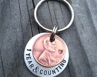 Lucky Penny Keychain / Personalized Penny Gift  Lucky In Love Keychain- One Year Anniversary Gift - Custom Lucky Penny Keychain Gift